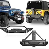Hooke Road Wrangler TJ Bumpers Front + Rear Bumper Combo w/Winch Plate & Hitch Receiver & Spare Tire Carrier Compatible with Jeep Wrangler TJ 1997-2006