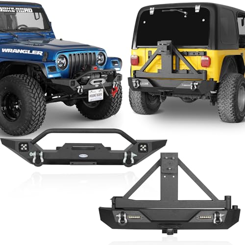 Hooke Road Wrangler TJ Bumpers Front + Rear Bumper Combo w/Winch Plate & Hitch Receiver & Spare Tire Carrier Compatible with Jeep Wrangler TJ 1997-2006