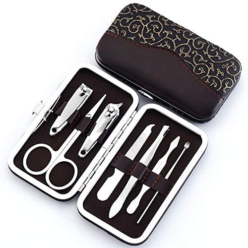 HEA-GHKPW Ensemble de manucure, Coupe-Ongles Ensemble de 7 pièces, kit de toilettage Professionnel avec étui en Cuir de Voyage, Outils à Ongles avec étui de Voyage Luxueux pour Hommes et Femmes Braun Cover