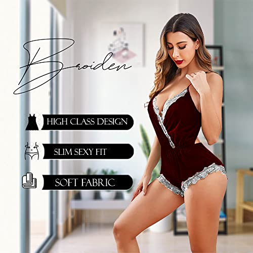Image of BROIDEN Women Lingerie Bodysuit V Neck Teddy Lace Babydoll Satin Nightwear
