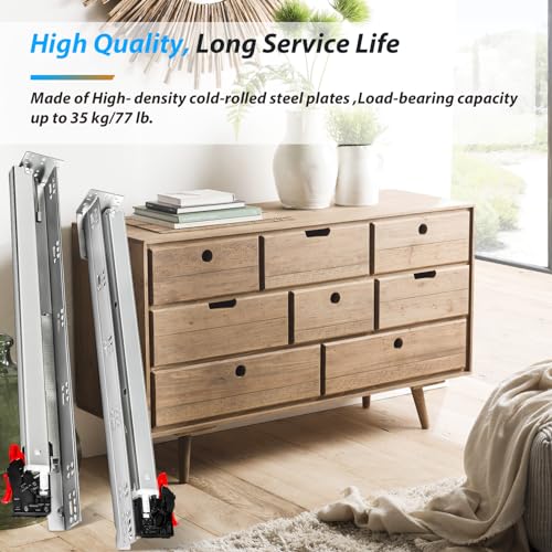 REGUDA Undermount Soft Close Drawer Slides Bottom Mounted Full Extension 9 12 15 18 21 24 Inch Ball Bearing Runners Rails 77 Lb Load 1 Pair (1 Pair, 21 Inch) - Image 2