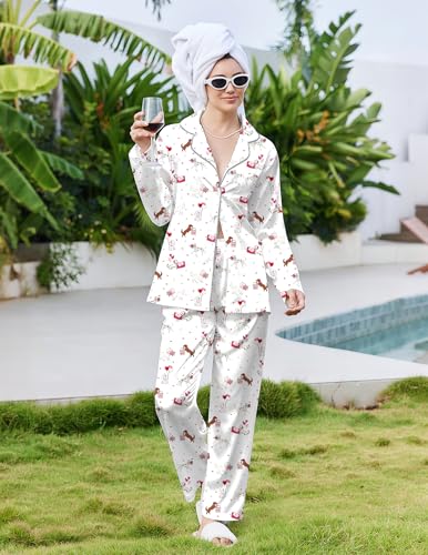 Image of Ekouaer Pajamas For Women Set Silk Pjs 2 Piece Satin Sleepwear Long Sleeve Button Down Lounge Sets With Pant