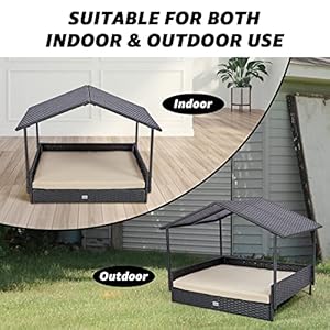 NATURAL EXPRESSIONS 2-in-1 Wicker Dog House,Elevated Dog Bed for Indoor/Outdoor with Removable Canopy,Large Dog House with Raised Pet Cot Cool, Breathable, Shade, waterrproof with Non-Slip Feet