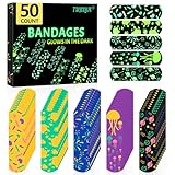 50 Count Kids Bandaids, Glow in The Dark & Waterproof Bandages, One Size Cute Bandaids for Kids and Adults, 5 Styles Adhesive Bandages for Minor Cuts, Scrapes, Wounds and First Aid