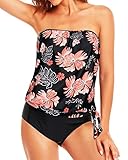 Holipick Two Piece Bathing Suit Strapless Tankini Pink Floral Swimsuits for Women Bandeau Swimsuits Blouson Tankini Tops with Bikini Bottoms Teen Girl L