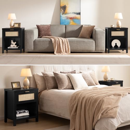 Image of SICOTAS Black Rattan Nightstand Farmhouse Night Stands with Drawer