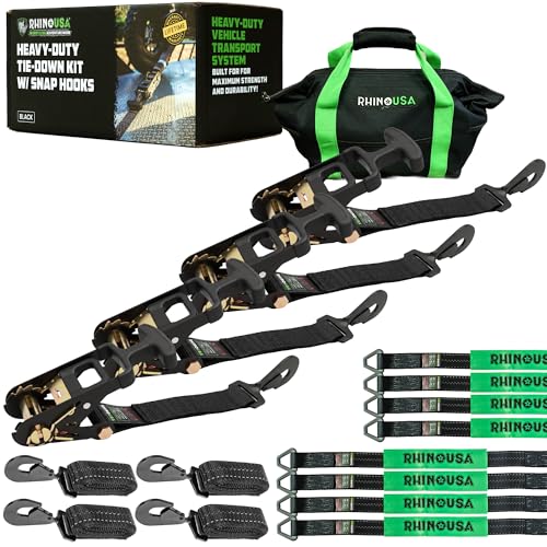 Rhino USA Car Tie Down Straps for Trailers with Snap Hooks (4-Pack) -2' x8' (10,000lb Break Strength) - Heavy Duty T-Handle Car Hauler Tire and UTV Axle Straps, Powersports & More - Black