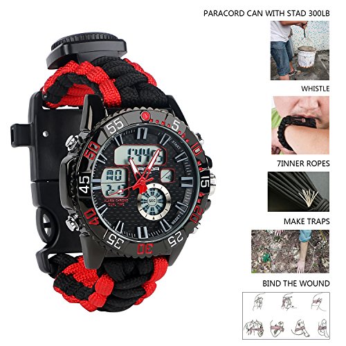 BlueStraw Men Women Survival Analog Digital Watch, Waterproof Tactical Dual Time Display Emergency Sports Adjustable Watch 5 Time Patterns 3 Interchangeable Wristbands Alarm Watch with Survival Gear
