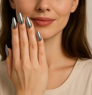 Set Of 14Pc, Metallic Silver Press-On Nails, Long Almond Shape Artificial Nail Extensions for Women With Free Glue Kit Price In India
