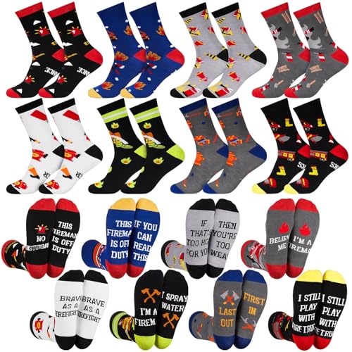 Haysandy 8 Pairs Men Funny Crew Socks Gifts Athletic Socks for Men Father's Day Birthday Holiday Stocking Stuffer(Fireman)