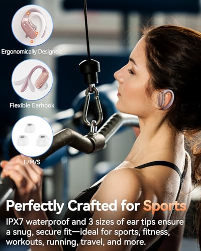 Image of LEEMC Wireless Earbuds, Bluetooth Headphones 5.4, 80Hr Playtime Ear Buds with Hooks for Sports, Noise Canceling, LED Display, IPX7 Waterproof Earphones for Workout Running, Rosegold