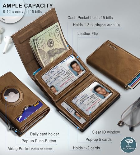 Image of miyozi Airtag Wallet for Men,with Cash Pocket 2 ID Window 9-12 Cards,Metal Case Smart Slim Pop Up Credit Card Holder Flip with Magnetic Closure RFID Blocking Trifold wallet with Gift Box
