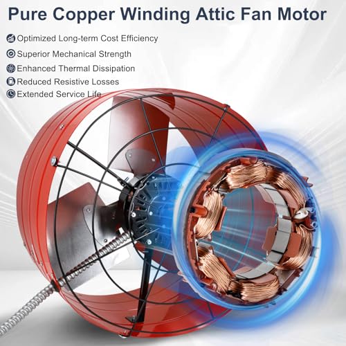Criditpid 16 Inch Gable Mount Vent Attic Fan, Exhaust Ventilation Fan with Adjustable Thermostat for Gable, Home, Shed, Garage, Portable Building, 3.4A, 1075RPM, 2940CFM, 4200 Sq.Ft Coverage Area, Red by Criditpid - Image 3