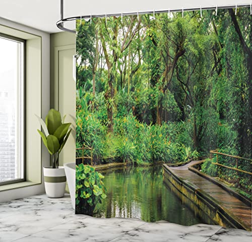 ABAKUHAUS Jungle Shower Curtain, Deep Forest with Wooden Pier and River Refreshing Exotic Nature Wild Image - Image 4