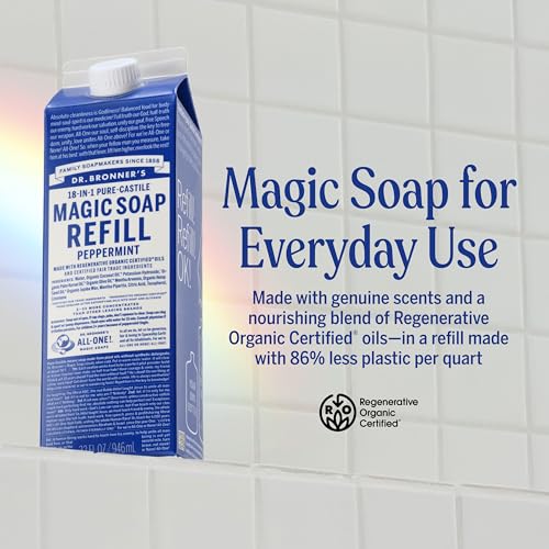 Dr. Bronner's Pure-Castile Liquid Magic Soap Refill - Made with Regenerative Organic Certified Oils, 86% Less Plastic - 18-in-1 Uses for Face, Body Wash, Hand Soap Refill & More - Peppermint, 32oz - image 2