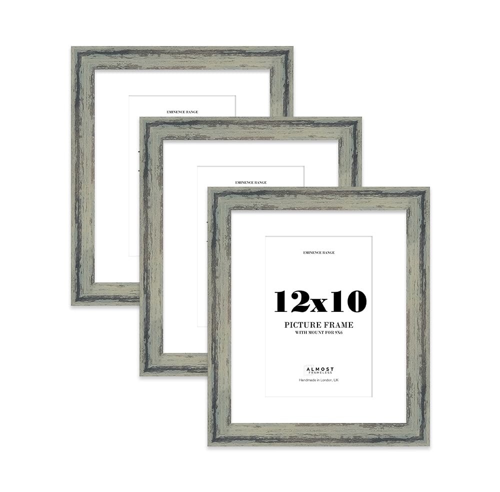12x10" Distressed Green Picture Frame with 9x6" Mount - Reclaimed Wood Style Photo Frame with Distressed Finish, Wall Hooks and Kickstand, 32mm Edge - 3 Pack