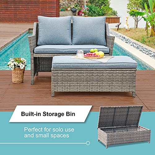 Oc Orange-Casual 2-Piece Outdoor Patio Furniture Wicker Love-Seat And Coffee Table Set, With Built-In Storage Bin, Grey Rattan, Grey Cushions #TOP1