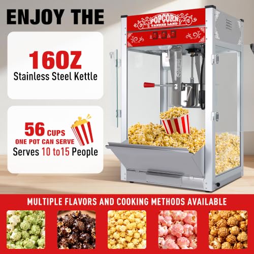 Image of Countertop Popcorn Machine 16 Oz Popcorn Maker for Commercial Red | 3 Independently Controlled Switches, Easy to Use /Clean, Vintage Design, Quick Heat, Great for Commercial /Home