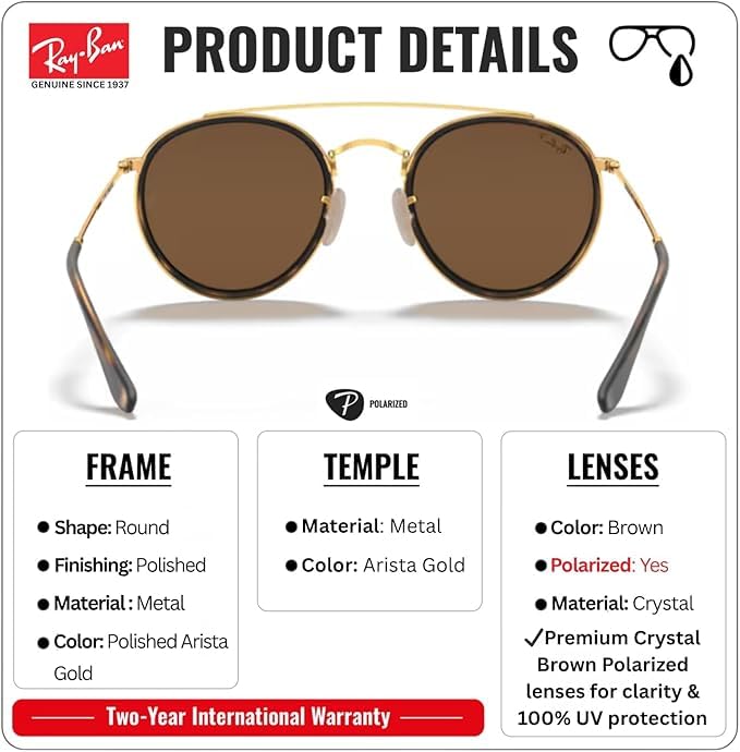 Image of Ray-Ban RB3647N ROUND DOUBLE BRIDGE Round Shaped Sunglasses for Men & Women with Official RAYBAN Eyewear Kit