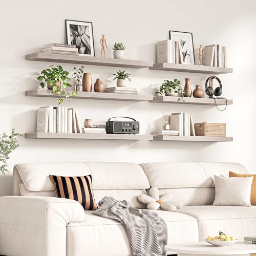 Image of Fun Memories 48Inch Floating Shelves for Wall, 8 Inch Deep Shelves for Bathroom|Bedroom|Kitchen, Large Wall Mounted Wood Hanging Shelf with Invisible Brackets for Home Storage Decor, Grey - 2 Pack