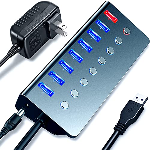 Powered USB Hub,LOBKIN 7-Port USB Hub 3.0 Powered | 1 Smart Charging Port | Multi USB Port Expander with Individual On/Off Switches and 5V/3A Power Adapter for Laptop,PC,Mac,MacBook Pro,PS4,TV