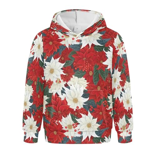 Kids Hoodies Sweaters Christmas Poinsettia Flower Hooded Sweatshirts with Big Pockets for Boys Girls B0400052