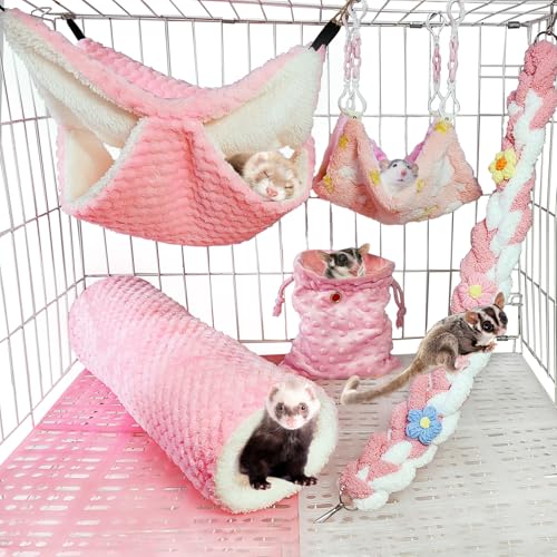 Hamiledyi Ferret Hammock 5 Pack Sugar Glider Climbing Ropes Toys Rat Hanging Tunnel Hammock Swing Squirrel Hideout Bed Cage Accessories for Mouse Hamster Small Animals