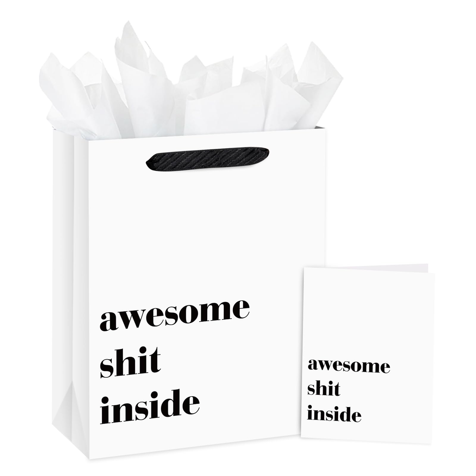 Loveinside 13" Large Funny Gift Bag, Minimalist White Awesome Sh*t Inside Bold Design with Tissue Paper & Card, Adult Humor Gift Bag for Friends, Coworkers, Birthday, Party, 10" x 5" x 13", 1 Pcs