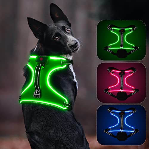 Dlitk Light Up Dog Harness, LED Dog Harness with Handle Rechargeable Adjustable, Lighted Dog Harness for Small/Medium/Large/X-Large Size Dogs (XL, Green)
