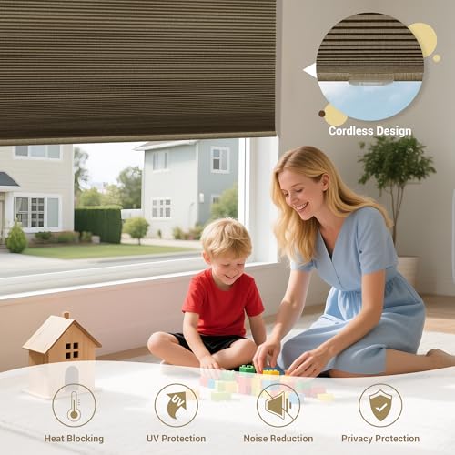 Image of No Drill No Tools Cellular Shades Linen Texture Wrapped Top Down Bottom Up Cordless Honeycomb Blinds Blackout Shades for Bedroom Living Room Windows Blinds, Beige, Custom Size