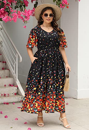 Image of Nemidor Womens Plus Size Maxi Dress Summer Boho Sundress Floral Print Flared Casual Long Dresses with Pocket