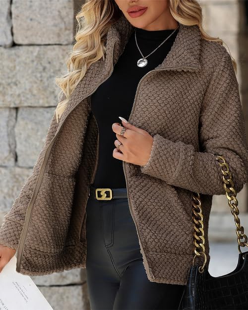 Women's Full Zip Stand Collar Fleece Sherpa Jacket with Pockets (S-5XL) - Image 4