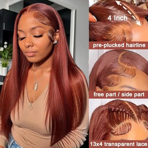 13x4 Lace Front Wigs Human Hair Reddish Brown Brazilian Unprocessed Straight Lace Front Wigs Human Hair Pre Plucked with Baby Hair Auburn Copper Colored Hd Lace Wig for Women (Reddish Brown,30 Inch)