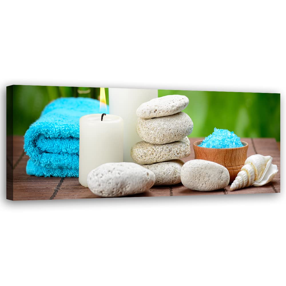 Feeby Vlies Leinwandbild Entspannung Badesalz Zensteine Spa 150x50 cm Wanddeko Design Kunstdruck Zimmerdeko Bilderwand Muschel Kerzen Friedlichkeit Blau