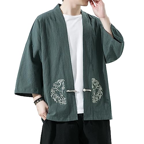 Image of Mens Kimono Cardigan Cotton Linen Japanese Shirt 3 /4 Sleeve Haori Yukata | Skin-Friendly Solid Color Lightweight Shawl Collar Kimono Robe Embroidery Button Tie Pockets Happi Coat All Season Daily Wear