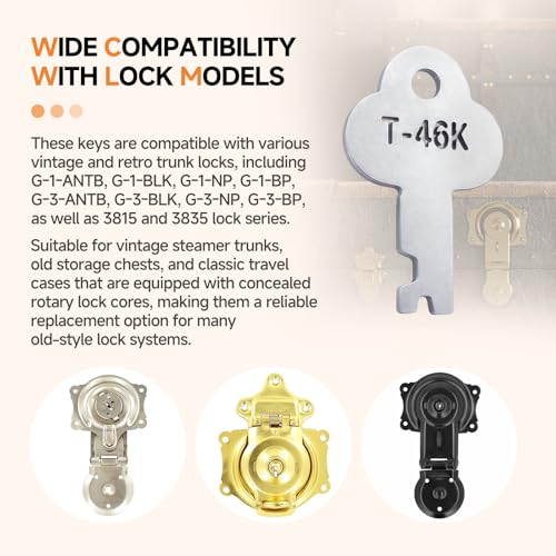 (4-Pack) T-46K Trunk Lock Keys Replacement, Compatible with G‑1 & G‑3 Series Locks on Vintage Trunk, Antique Steamer Trunk, Also Fits 3815 & 3835 Series Trunk Lock, Replaces N-3815K3