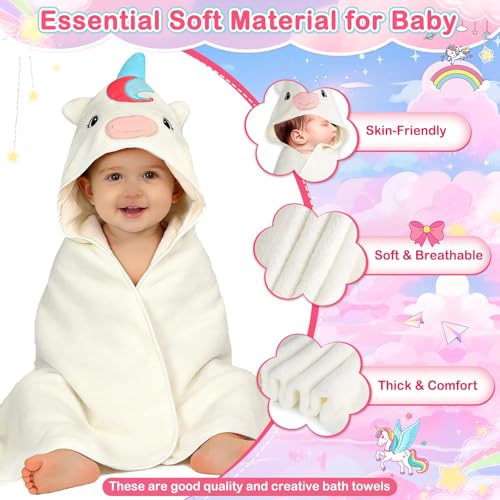 Image of 4PCS Baby Bath Towels Set for Infants Essentials, Baby Towels Set(Unicorn) | 1xBaby Towels & 3xWashcloths Set, Animal Hooded Baby Bath Towels, Baby Bath Essentials, Newborn Shower Gifts for Boys & Girls