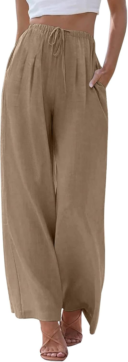 ZEFOTIM Women’s High-Waisted Wide Leg Faux Cotton Linen Pants with Pockets and Drawstring – Loose, Flowy Trousers