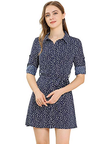 Allegra K Women's Ditsy Floral Long Sleeve Dresses Full Placket Point Collar Mini Shirt Dress Large Blue