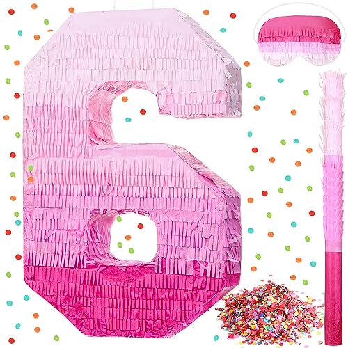 Sratte Number Pinata Pink Pinata Birthday Decorations Gradient with Stick Blindfold Confetti for Girls Boys Birthday Anniversary Party Decorations Supplies(Number 6)