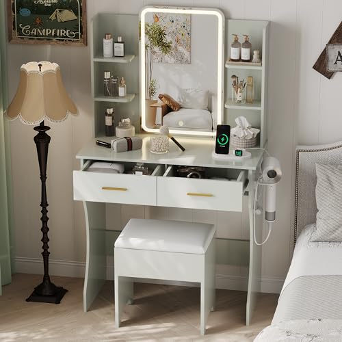 Image of Small Vanity Desk with Mirror and Lights, Makeup Vanity with LED Lights, Green Vanity Mirror with Lighted Desk and Chair, 3 Lighting Adjustable Compact Dressing Table with Mirror for Women, Girls