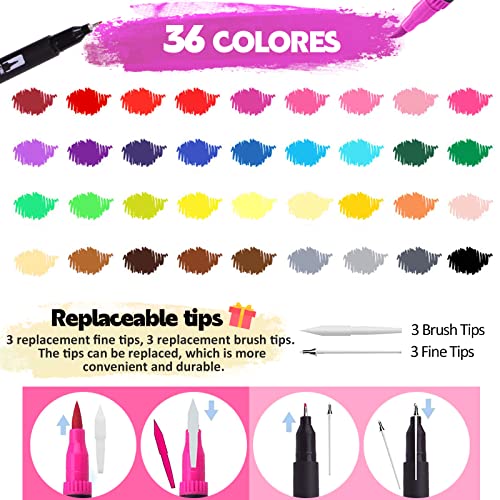 Colouring Pens, 36 Colours Felt Tip Pens Set Dual Brush Pen Art Markers for Kids Adults Colouring, Fineliner and Brush Tips for Drawing Sketching Painting Lettering Calligraphy Bullet Journal - Image 4