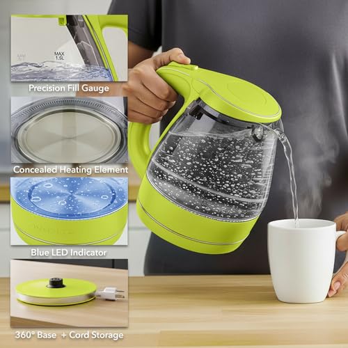 Image of OVENTE Electric Kettle, 1.5L Borosilicate Glass Countertop Water Heater and Boiler for Coffee or Tea, BPA-Free, Auto Shut-Off, Boil-Dry Protection, Removable and Washable Spout Filter, Green KG83G