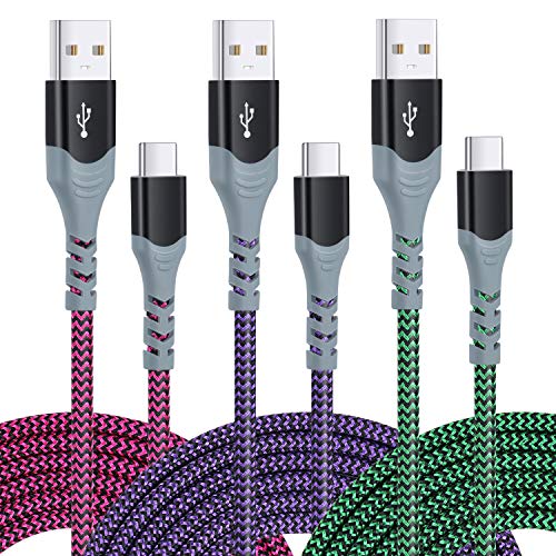 Pofesun [3-Pack,10ft] USB C Cable Fast Charge, Type C Charger Cord Braided USB C Charging Cable Compatible with Samsung Galaxy A10e A20 A50 A51 A71,S20 S10 Plus S10E,Note 20 10, Moto-Purple,Green,Rose | Braided USB to USB C Cable,USBC Phone Charger C