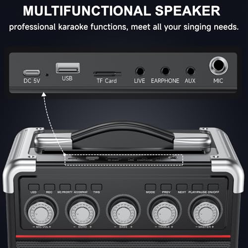 HWWR Karaoke Machine with 2 Microphones for Adults Kids, Bluetooth Speaker with Microphones, PA System, 6.5\" Subwoofers, Colorful LED Lights for Home Party Outdoor