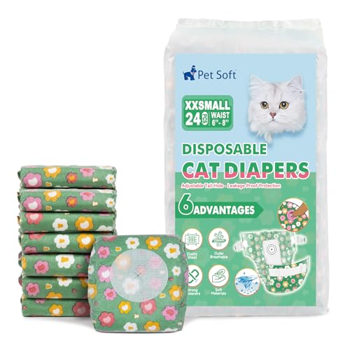 Image of Pet Soft Disposable Cat Diapers - Diaper for Female & Male Cats, Puppy Doggie Diapers for Female Dogs with Adjustable Foam Tail Hole, XX-Small (24Pcs, Green)