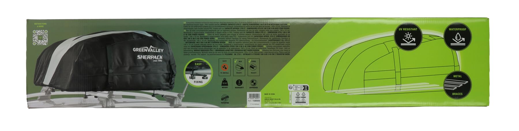 Green Valley 158005 Coffre de Toit Souple 270 L – Étanche, Pliable & Compact – Fixation Barres Universelles