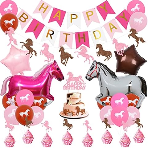 Horse Party Decorations for Girls, Horse Themed Balloons Kit with Happy Birthday Banner, Cake Topper, Derby Horse Balloons for Western Cowgirl Birthday Party Supplies Cover