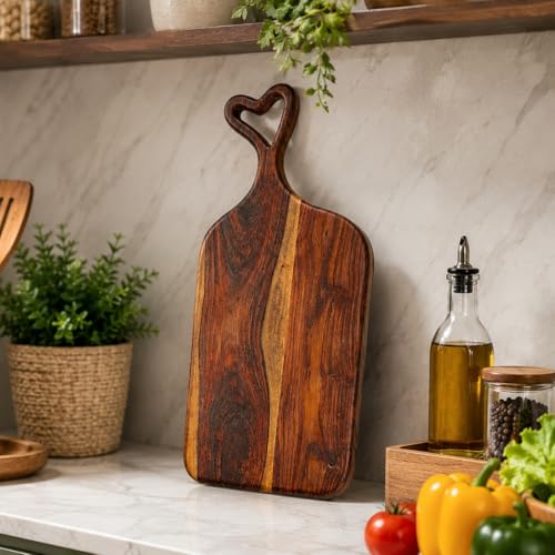 Image of Handcrafted Wooden Chopping Board for Kitchen | Cutting Board & Serving Platter | Food Safe Wooden Board for Vegetables, Fruits, Cheese & Bread | Multiple Designs (Heart Handle, Sheesham Wood)