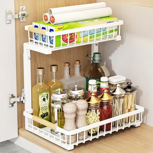 LASIEYO Organizador de 2 niveles debajo del fregadero, organizador de armario extensible ajustable para cocina y baño, estante de armario de cocina, organizador de armario de cajón extensible